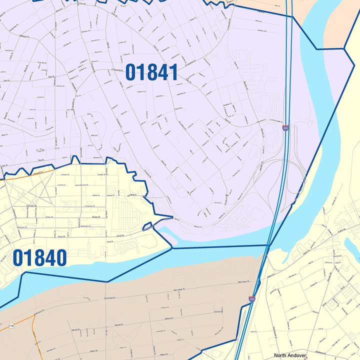 Color Cast Zip Code Style Wall Map of Lawrence, MA