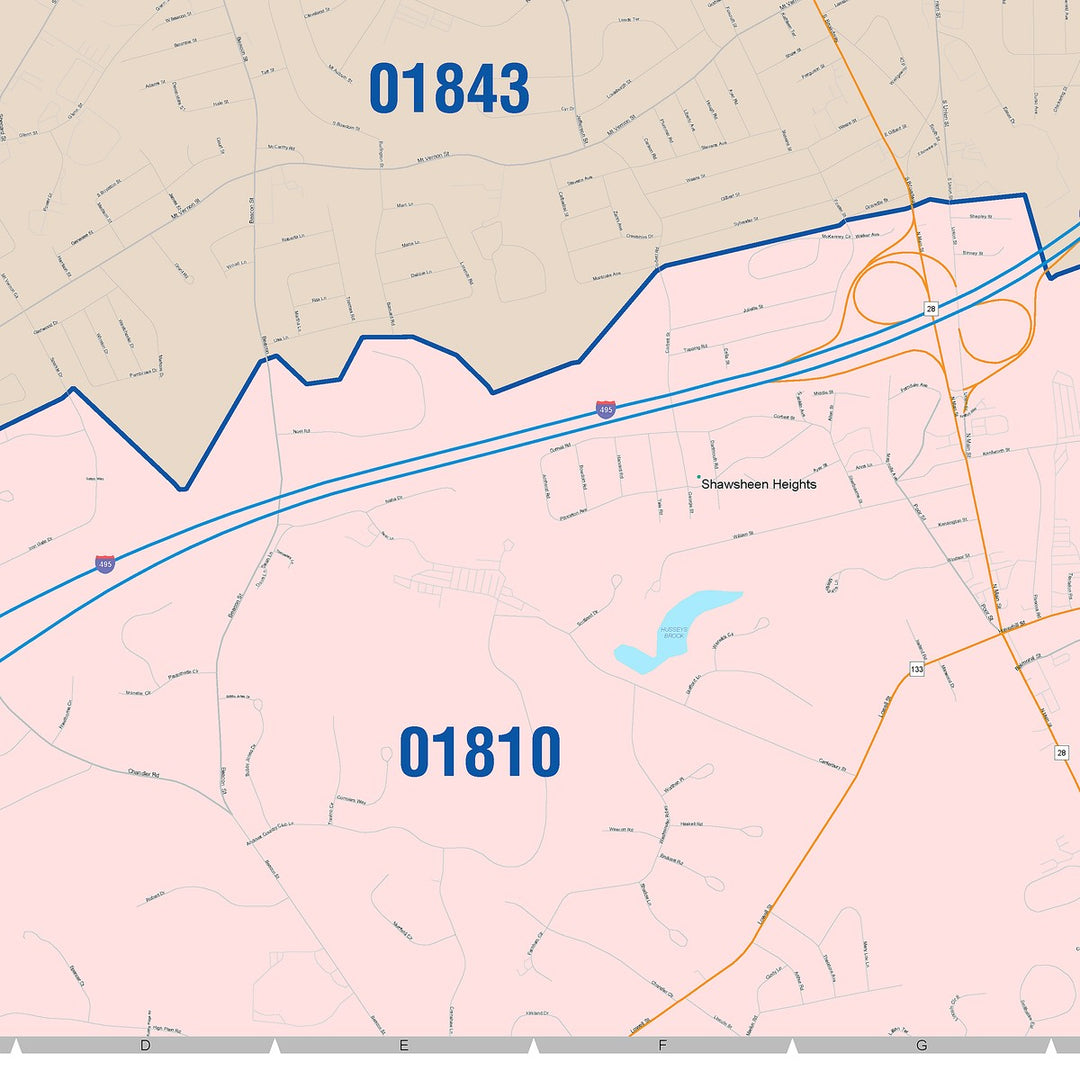 Color Cast Zip Code Style Wall Map of Lawrence, MA