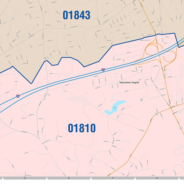 Color Cast Zip Code Style Wall Map of Lawrence, MA