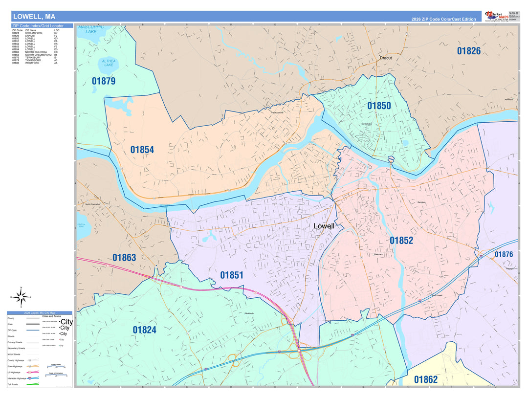 Color Cast Zip Code Style Wall Map of Lowell, MA