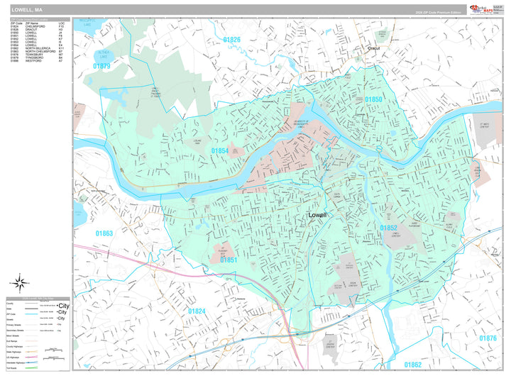 Premium Style Wall Map of Lowell, MA