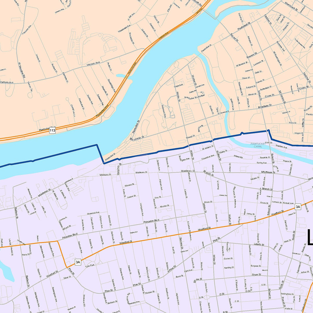 Color Cast Zip Code Style Wall Map of Lowell, MA