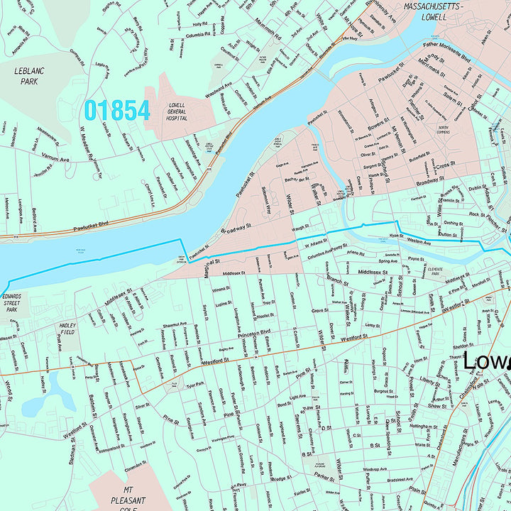 Premium Style Wall Map of Lowell, MA