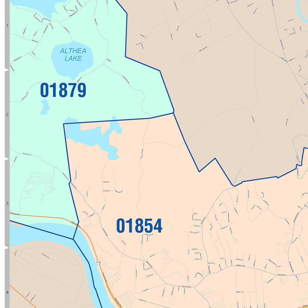 Color Cast Zip Code Style Wall Map of Lowell, MA