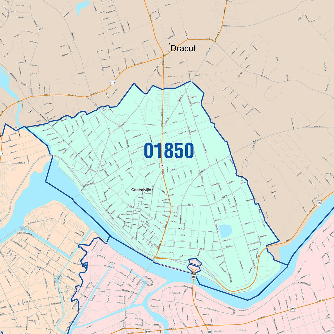 Color Cast Zip Code Style Wall Map of Lowell, MA