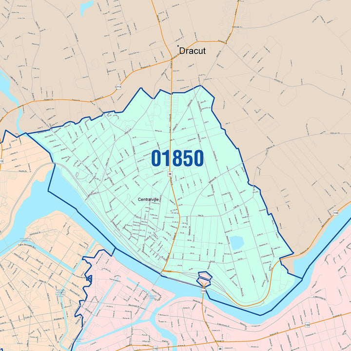 Color Cast Zip Code Style Wall Map of Lowell, MA