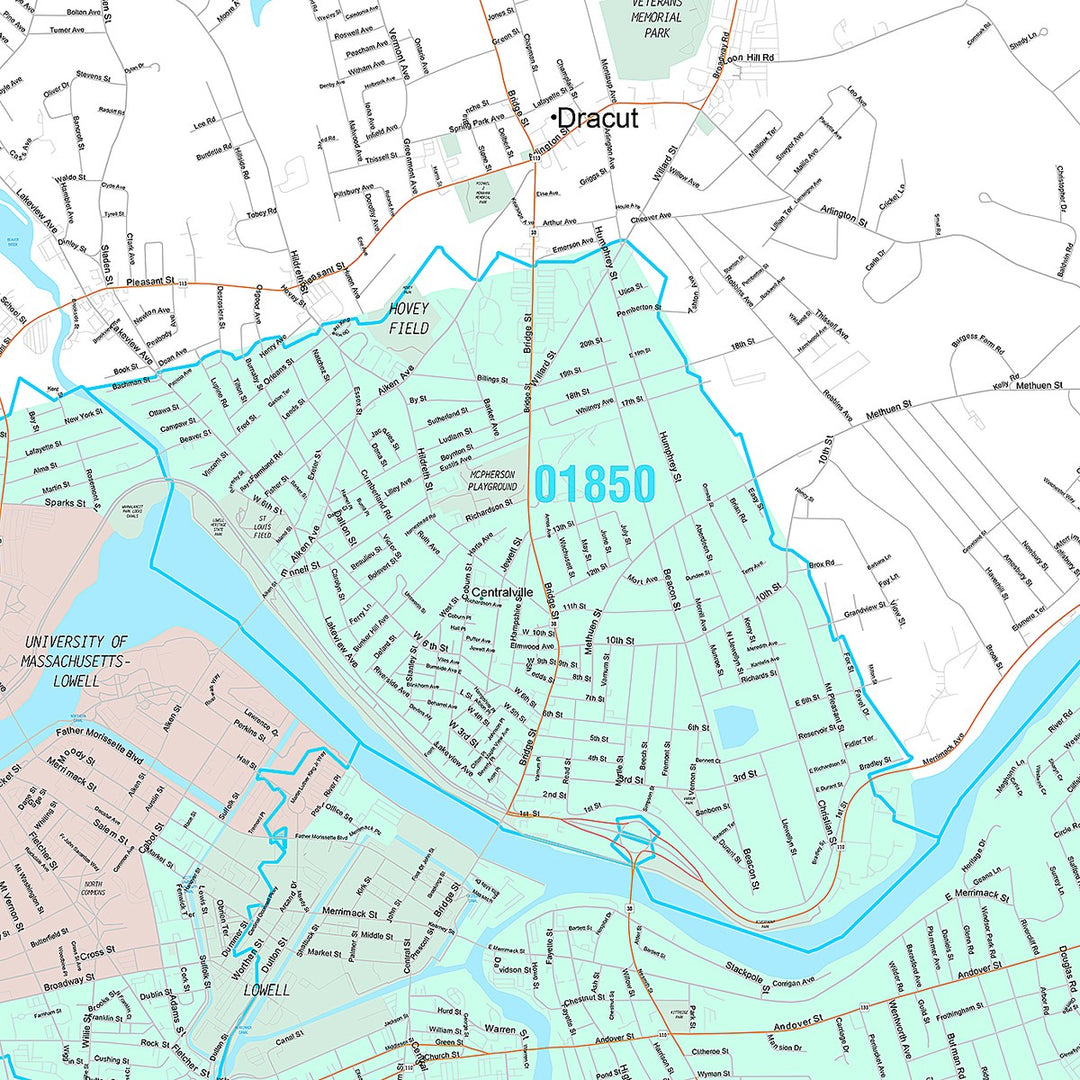 Premium Style Wall Map of Lowell, MA