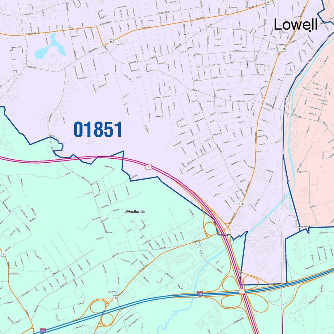 Color Cast Zip Code Style Wall Map of Lowell, MA