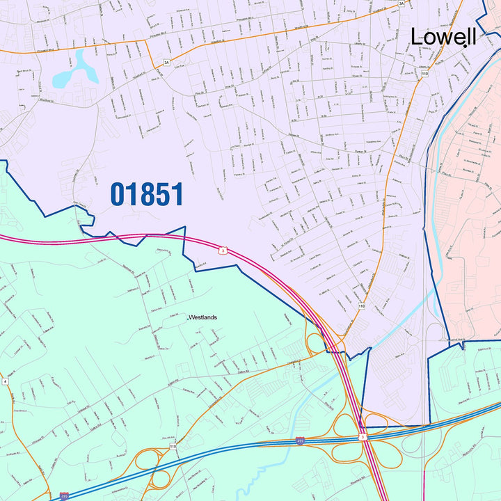 Color Cast Zip Code Style Wall Map of Lowell, MA