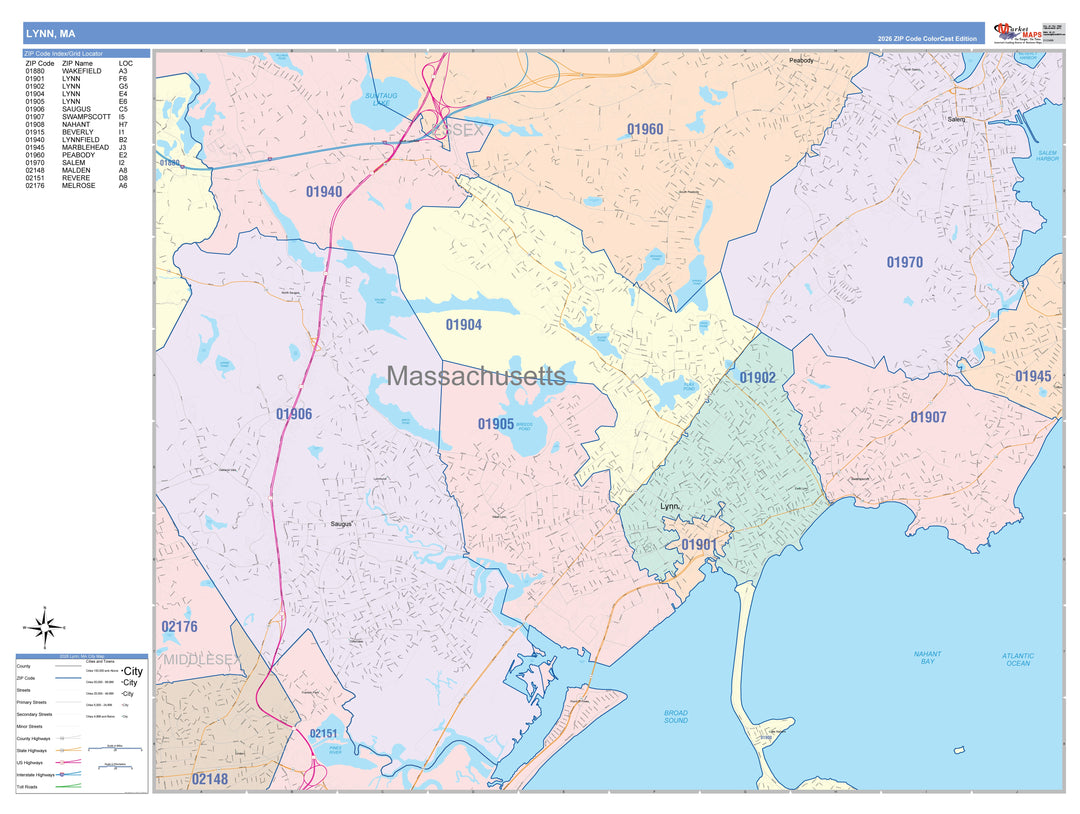 Color Cast Zip Code Style Wall Map of Lynn, MA