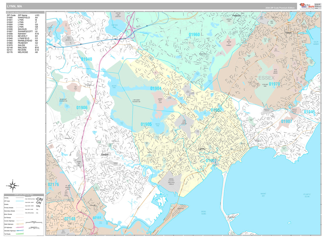 Premium Style Wall Map of Lynn, MA