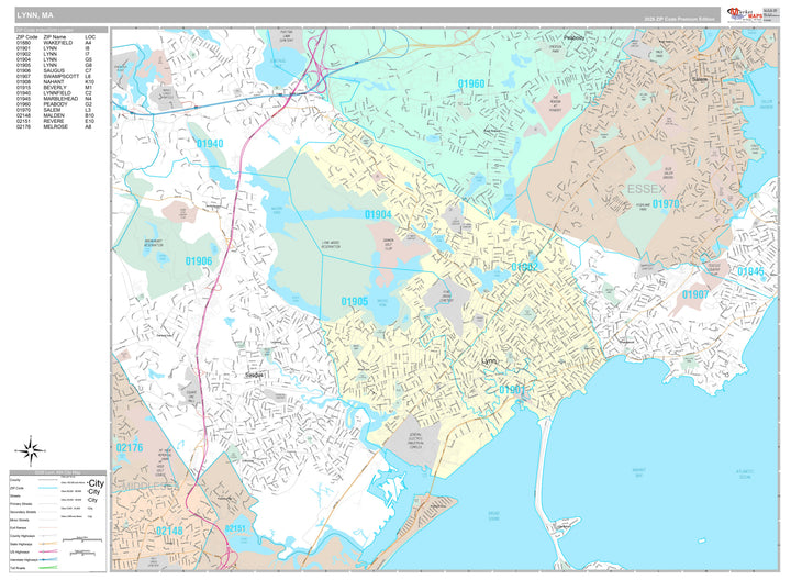 Premium Style Wall Map of Lynn, MA