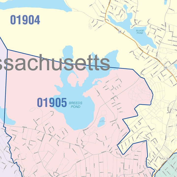 Color Cast Zip Code Style Wall Map of Lynn, MA
