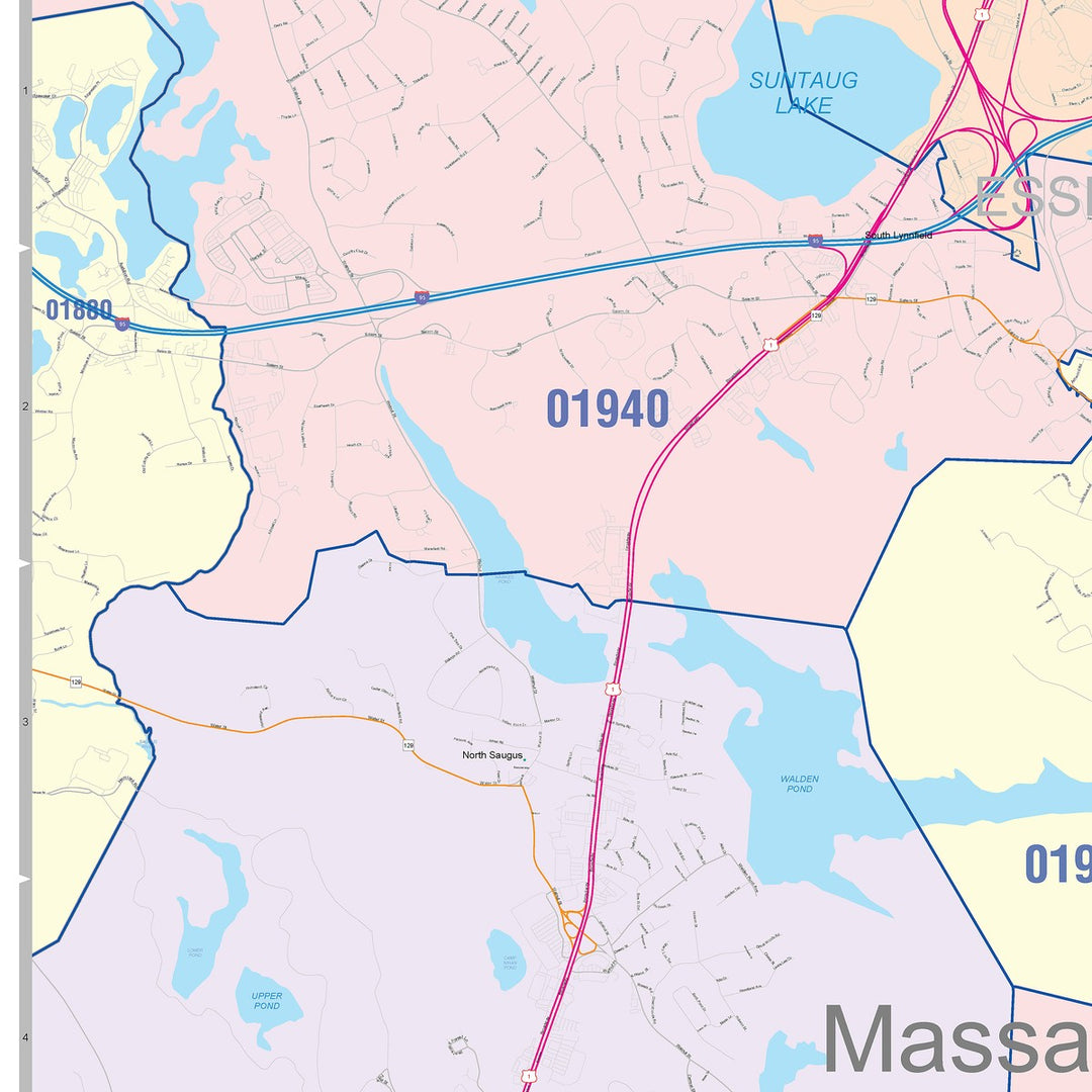 Color Cast Zip Code Style Wall Map of Lynn, MA