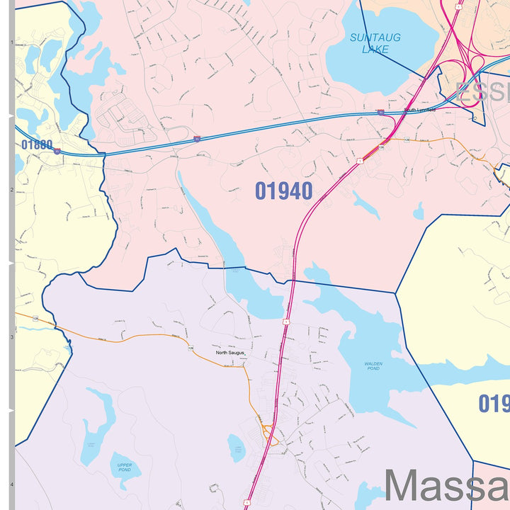 Color Cast Zip Code Style Wall Map of Lynn, MA