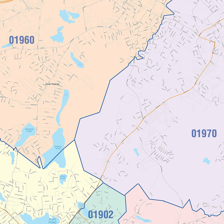 Color Cast Zip Code Style Wall Map of Lynn, MA