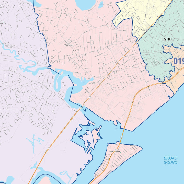 Color Cast Zip Code Style Wall Map of Lynn, MA