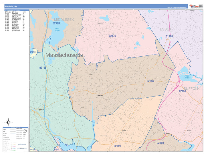 Color Cast Zip Code Style Wall Map of Malden, MA