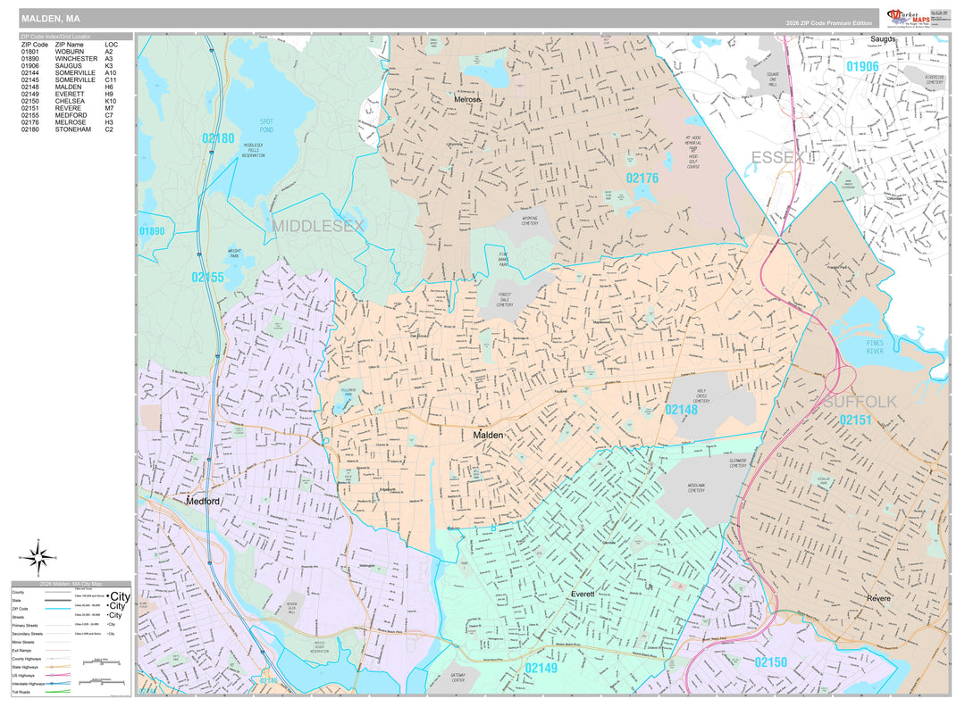 Premium Style Wall Map of Malden, MA