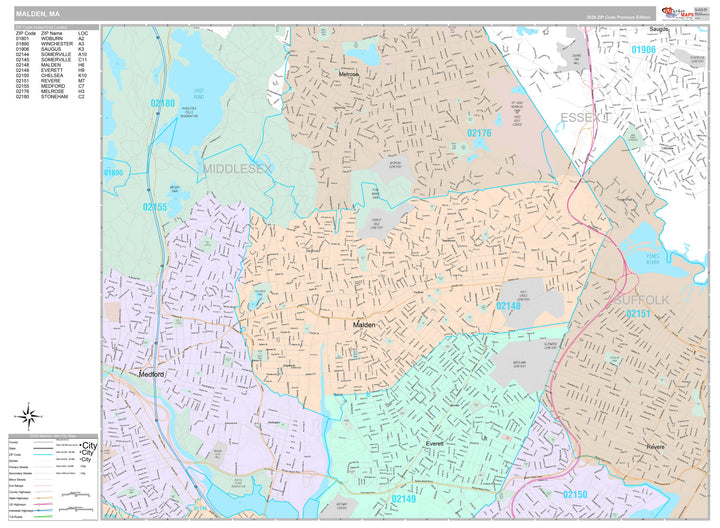 Premium Style Wall Map of Malden, MA