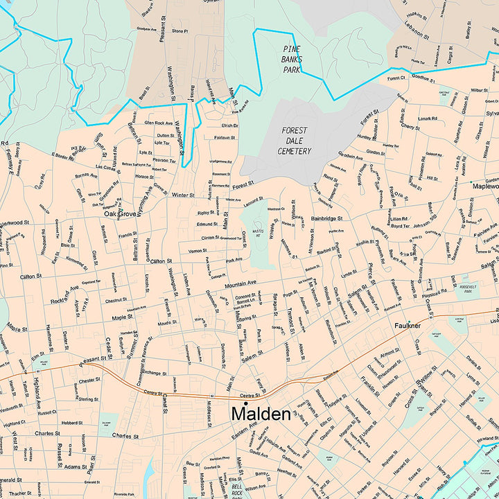 Premium Style Wall Map of Malden, MA