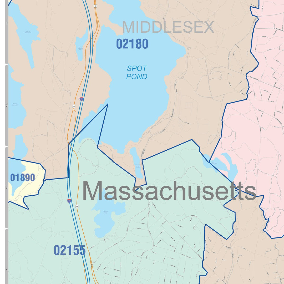 Color Cast Zip Code Style Wall Map of Malden, MA