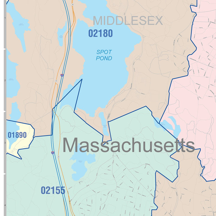 Color Cast Zip Code Style Wall Map of Malden, MA