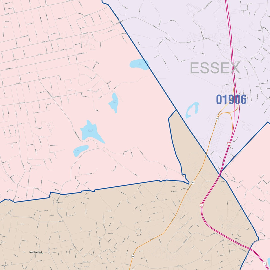 Color Cast Zip Code Style Wall Map of Malden, MA