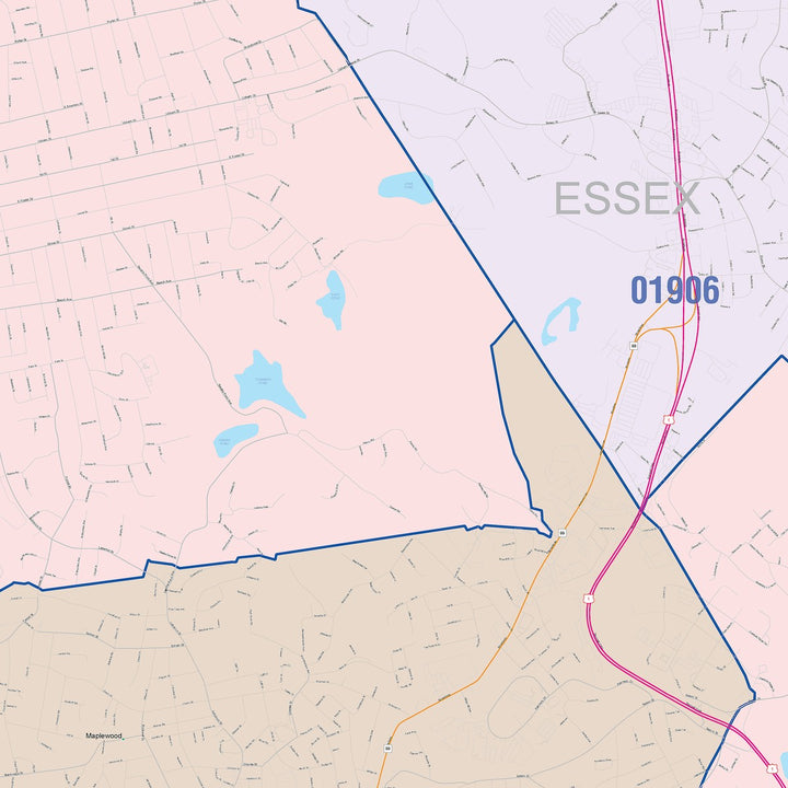 Color Cast Zip Code Style Wall Map of Malden, MA