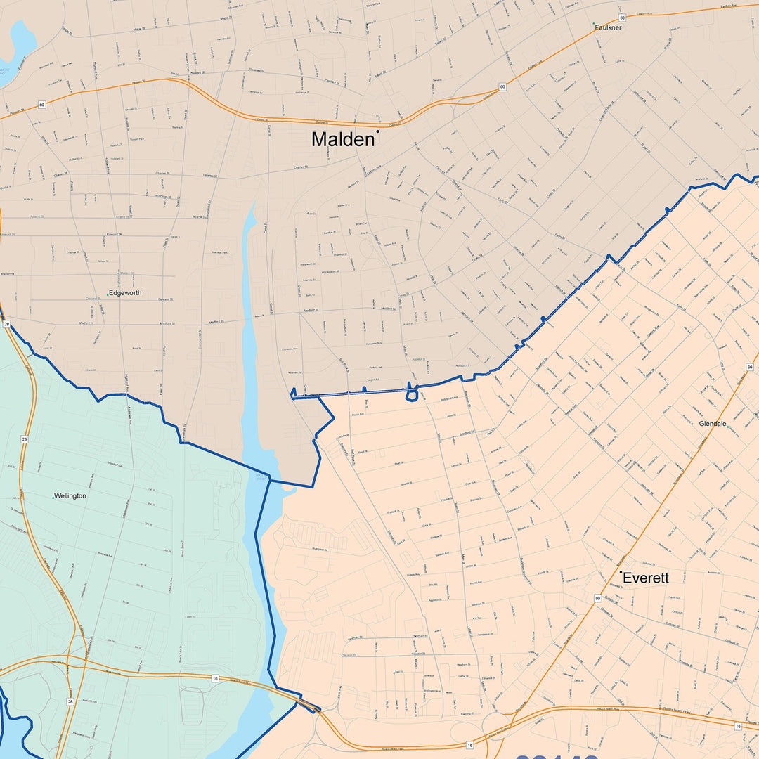 Color Cast Zip Code Style Wall Map of Malden, MA