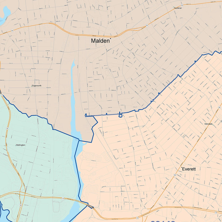 Color Cast Zip Code Style Wall Map of Malden, MA