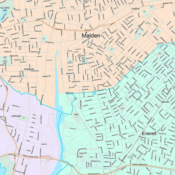 Premium Style Wall Map of Malden, MA
