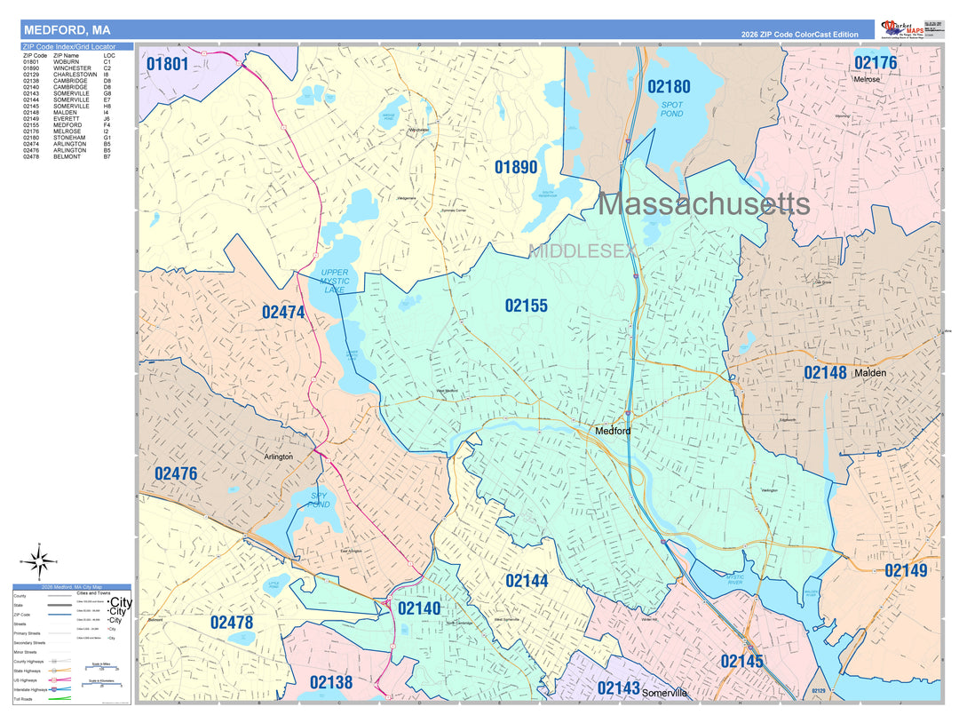 Color Cast Zip Code Style Wall Map of Medford, MA