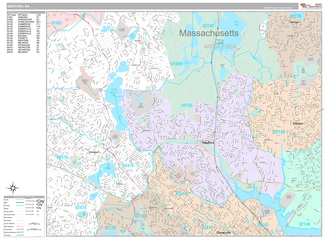 Premium Style Wall Map of Medford, MA
