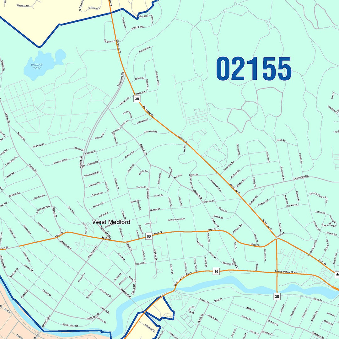 Color Cast Zip Code Style Wall Map of Medford, MA