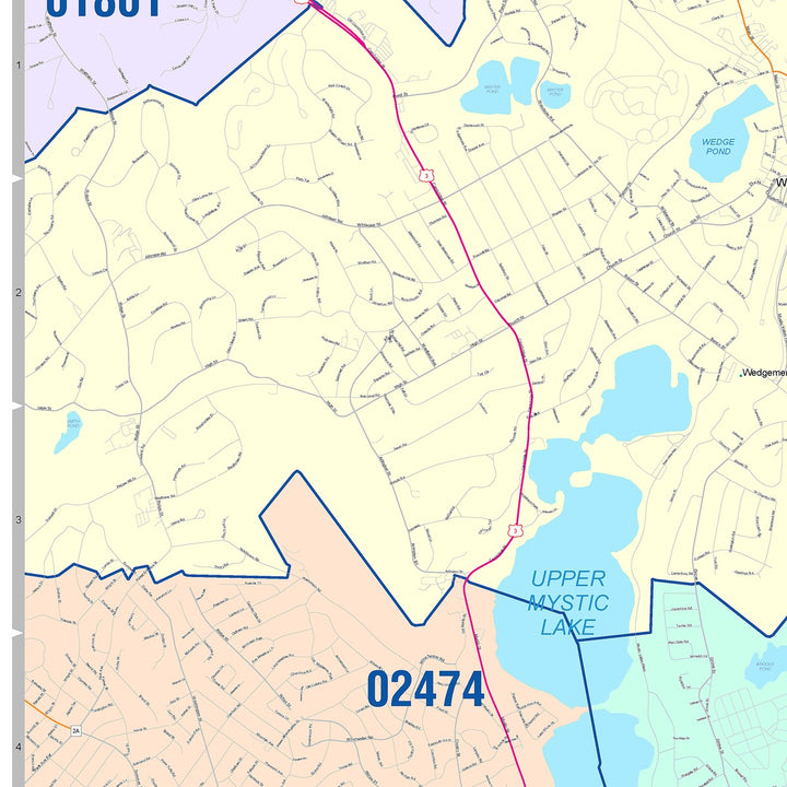 Color Cast Zip Code Style Wall Map of Medford, MA