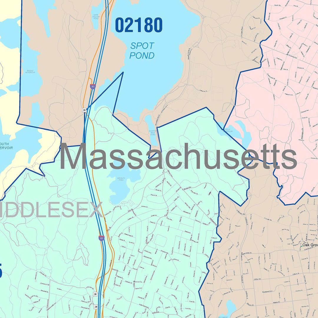 Color Cast Zip Code Style Wall Map of Medford, MA