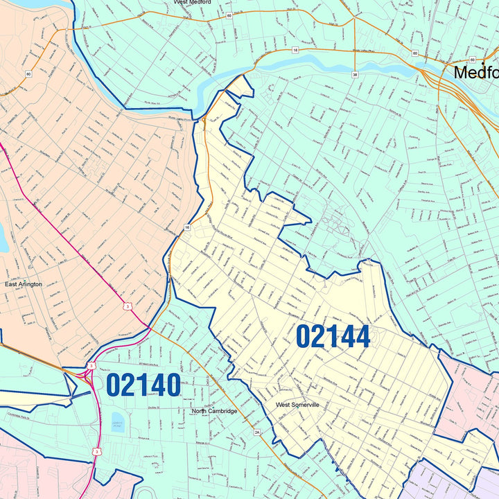 Color Cast Zip Code Style Wall Map of Medford, MA