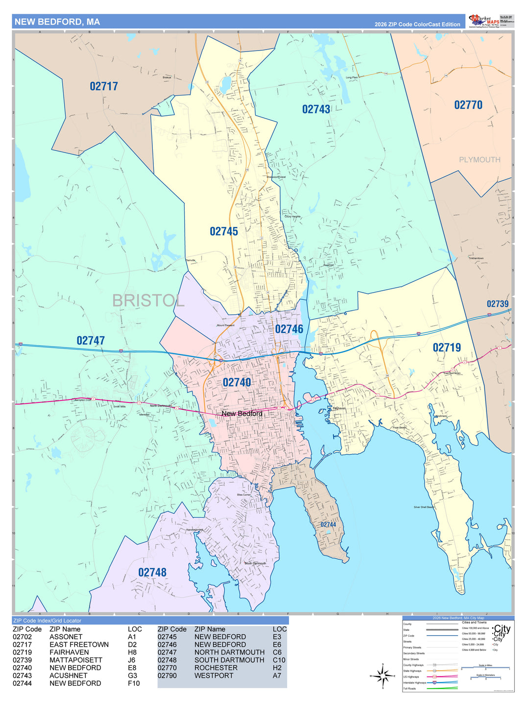 Color Cast Zip Code Style Wall Map of New Bedford, MA