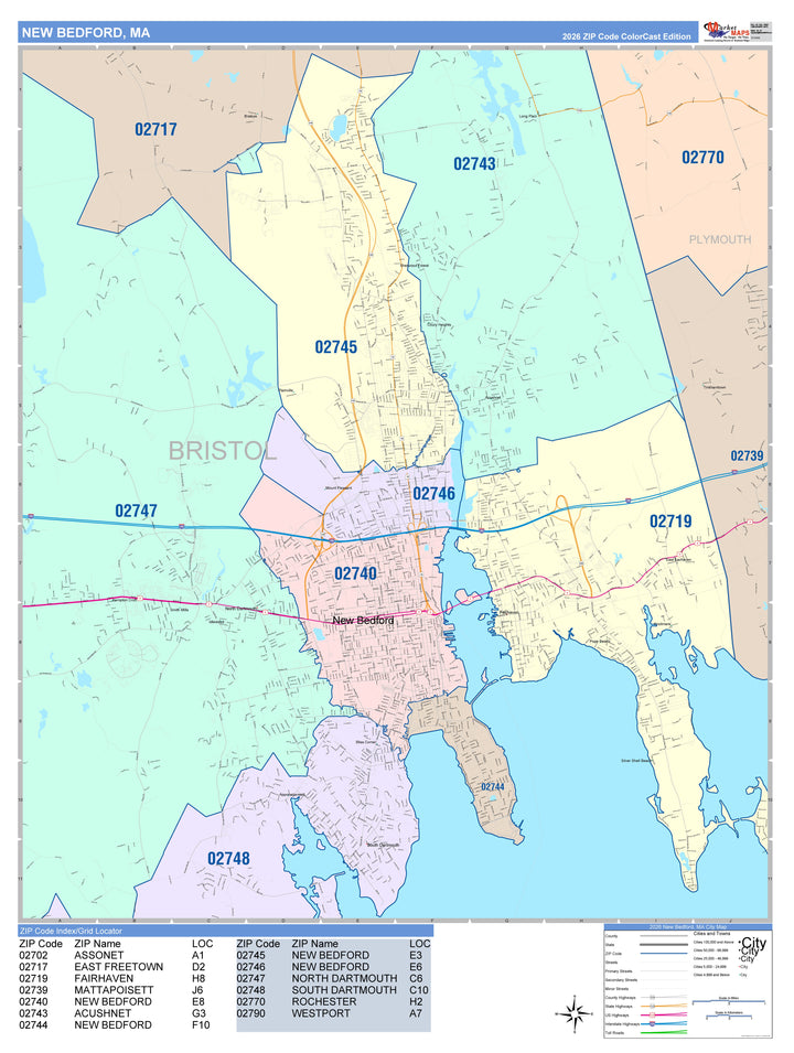 Color Cast Zip Code Style Wall Map of New Bedford, MA