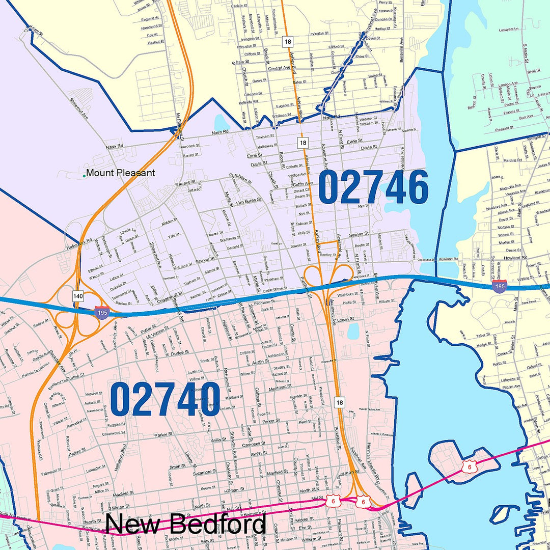 Color Cast Zip Code Style Wall Map of New Bedford, MA