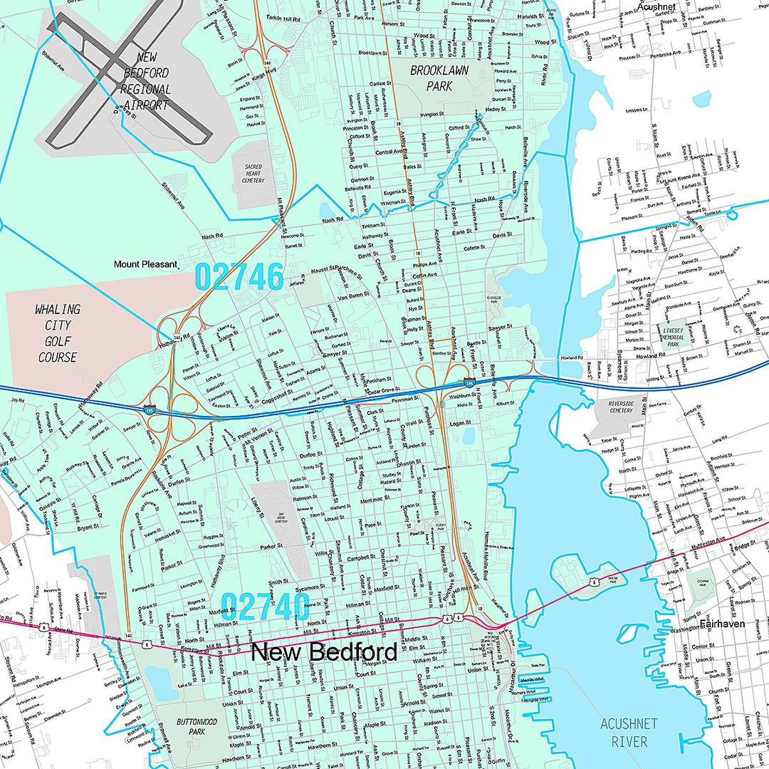 Premium Style Wall Map of New Bedford, MA