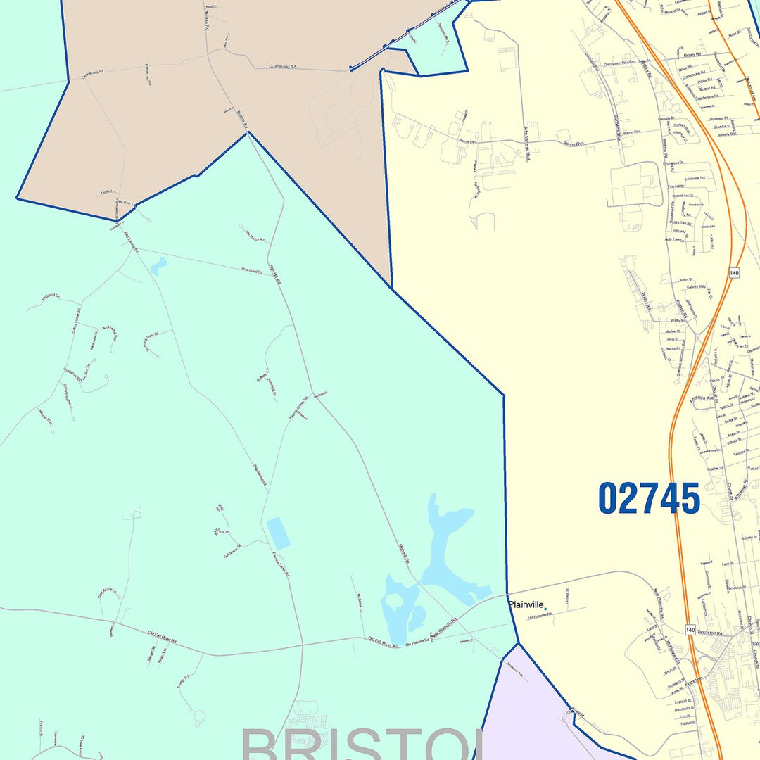 Color Cast Zip Code Style Wall Map of New Bedford, MA