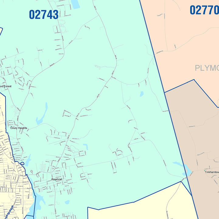 Color Cast Zip Code Style Wall Map of New Bedford, MA