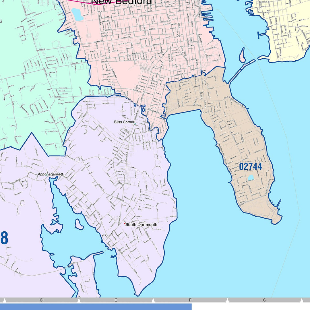 Color Cast Zip Code Style Wall Map of New Bedford, MA