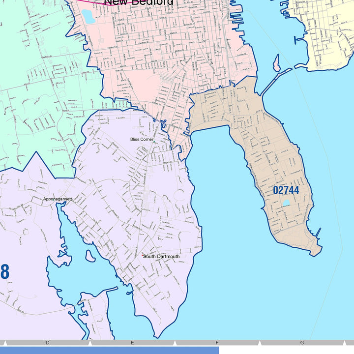 Color Cast Zip Code Style Wall Map of New Bedford, MA