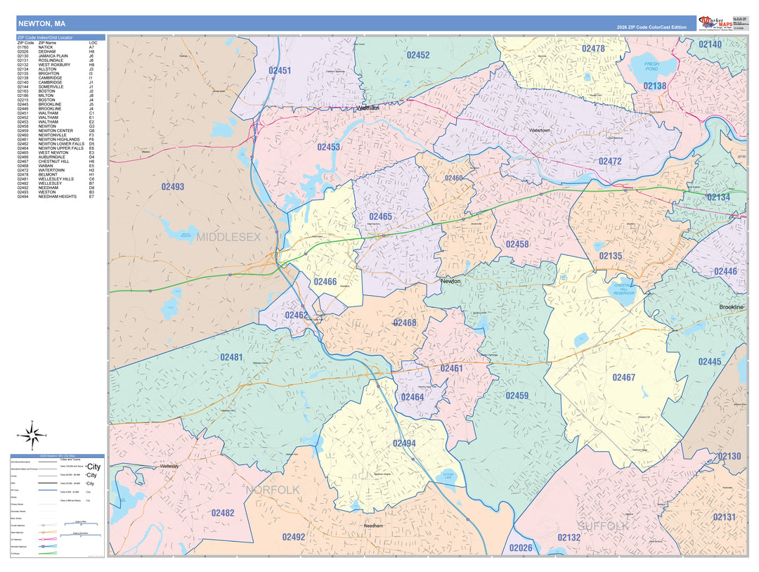 Color Cast Zip Code Style Wall Map of Newton, MA