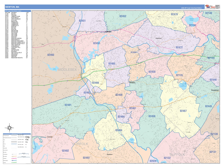 Color Cast Zip Code Style Wall Map of Newton, MA