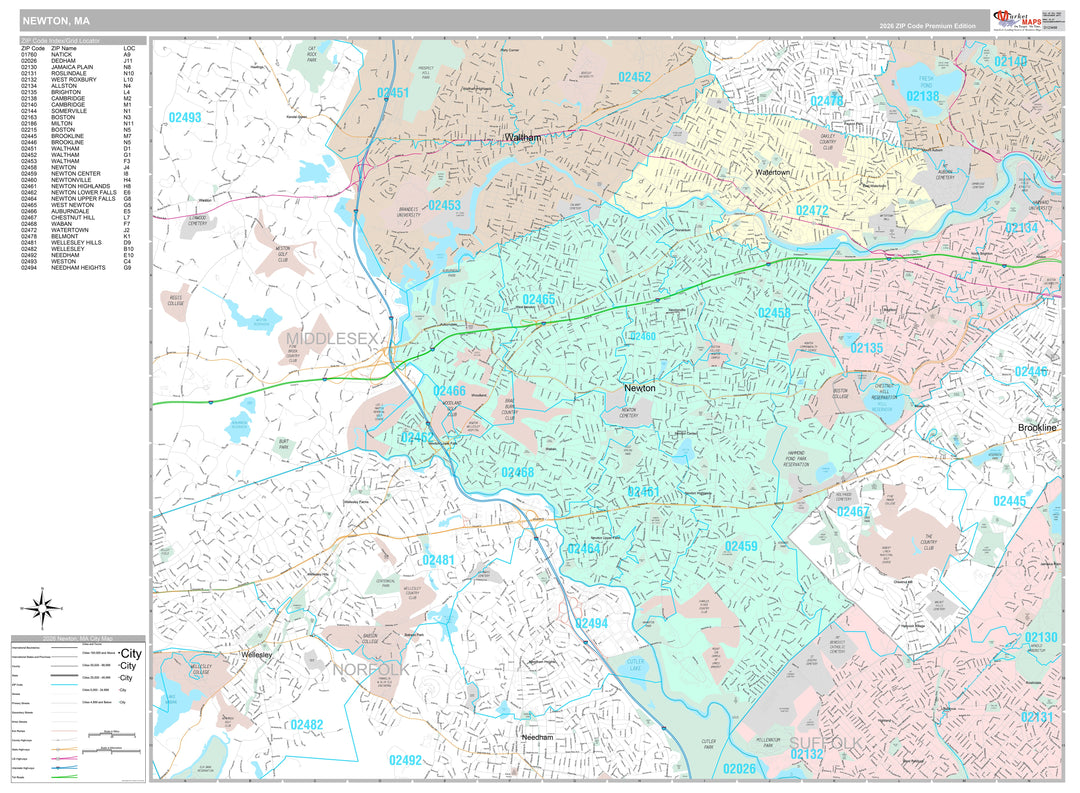 Premium Style Wall Map of Newton, MA