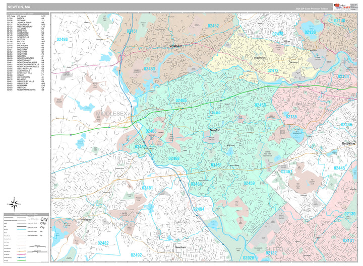 Premium Style Wall Map of Newton, MA